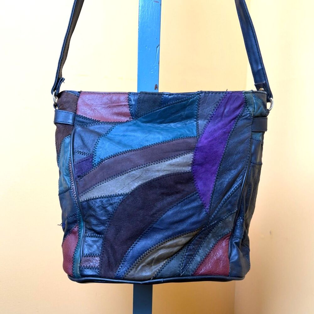 Multi-Color Patchwork Leather Crossbody Bag - Blue/Purple
